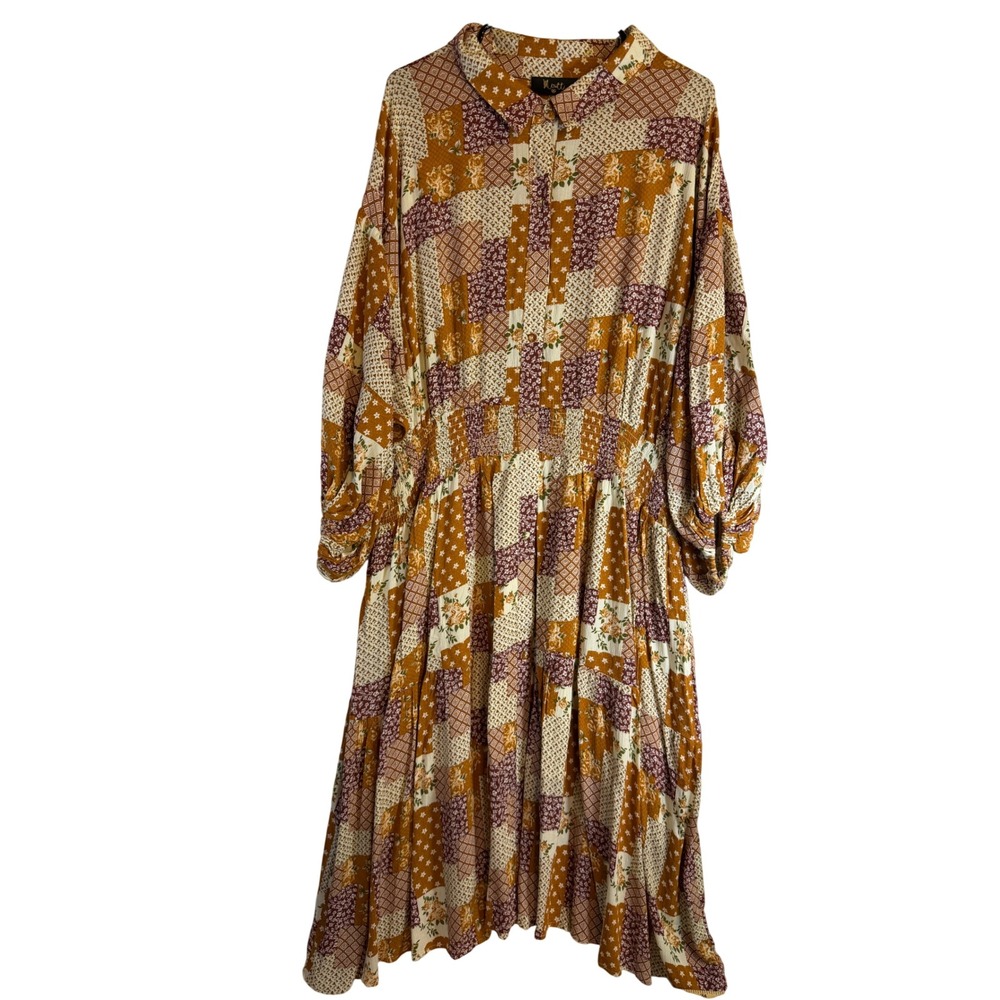 Meritt Patchwork Floral Midi Dress 3XL Plus Size Button Front Boho Balloon